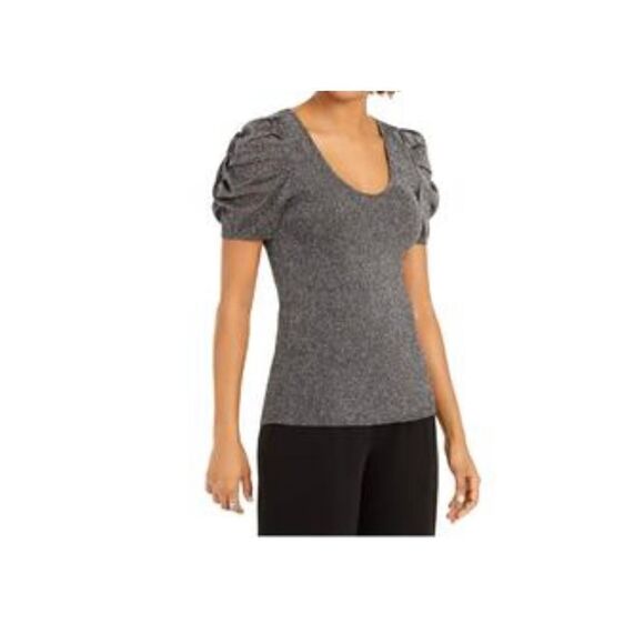 INC International Concepts Top Scoop Neck Black Metallic Puff Sleeves Stretch XL - Picture 2 of 16